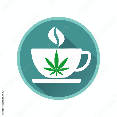 Cannabis tea cup icon in teal circle isolated on white background