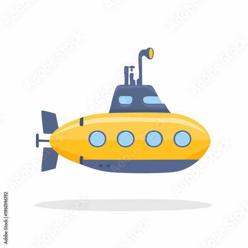Cartoon yellow submarine with portholes and a periscope