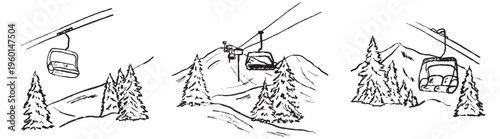 Hand drawn ski lift scenes in mountains with pine forest. Vector sketch illustration in vintage crayon charcoal style. Winter sport landscapes, tourism, climbing travel