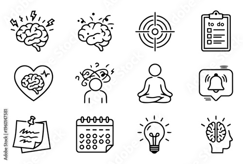 ADHD and Focus Line Icons – Mental Health, Productivity and Attention Outline Set