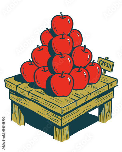 Pyramid Stack of Red Apples on a Blue Table Illustration