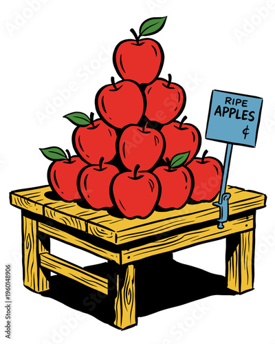 Cartoon Illustration of Red Apples on a Market Stand