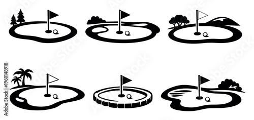 Golf course putting green icons illustrating outdoor sport and recreation with flag, ball, hole, and diverse nature elements