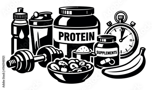 Illustrating fitness, strength training, and nutrition elements including protein, supplements, gym equipment, and healthy food items