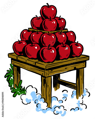 Pyramid of Red Apples on a Wooden Stand Illustration