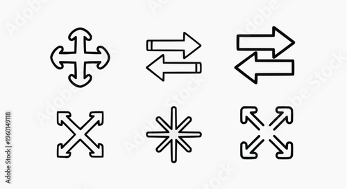 Collection of six black and white directional icons, arrows, and symbols for various interface purposes. These versatile elements are ideal for designers and developers alike