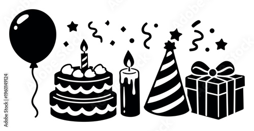 Celebrating special events with a collection of classic birthday party items, including cake, candles, balloon, and a gift