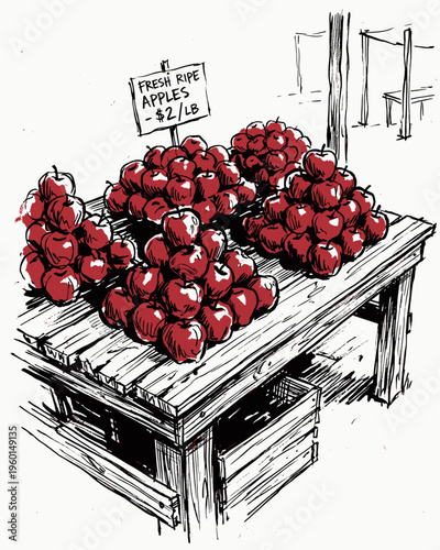 Hand-Drawn Illustration of Red Apples for Sale at a Farmer's Market