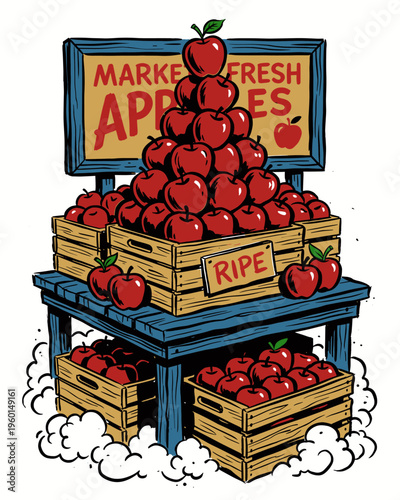 Vintage Style Illustration of an Apple Market Stall with Crates of Ripe Red Apples
