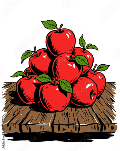 Illustration of a Stack of Fresh Red Apples on a Wooden Surface