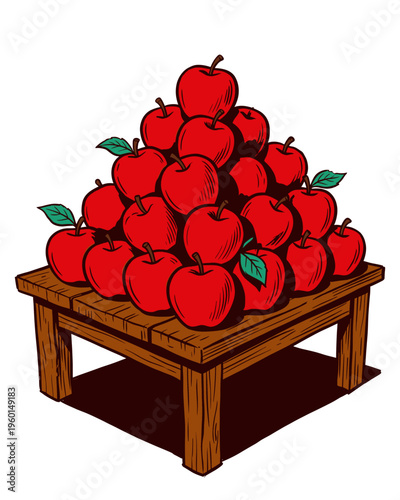 Pyramid of Red Apples on a Wooden Table Illustration