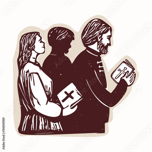 Group of praying church goes or coral singers for parish pilgrimage. Hand drawn black and white vector frame with copy space for flyer. Religious faith based motif for missionary, baptist or pilgrim