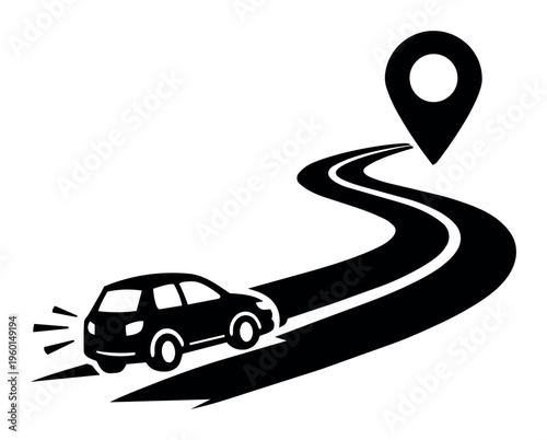 Car navigating a curvy road, following GPS directions towards a predetermined destination