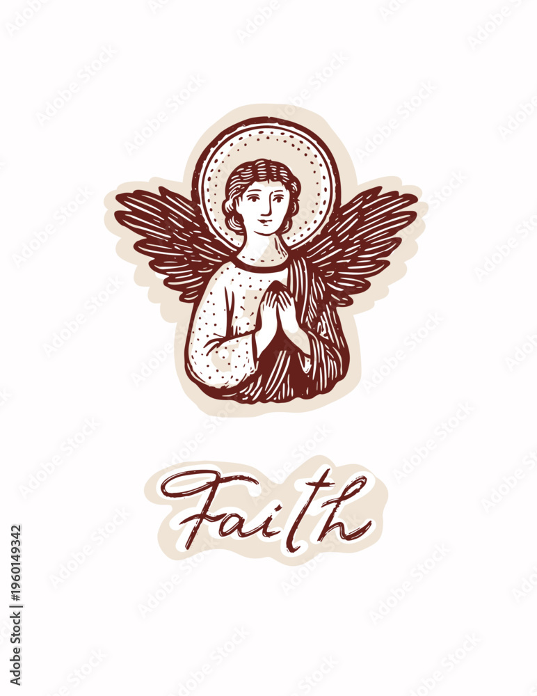 Naklejka premium Hand drawn faith lettering angel printable greeting card illustration. Flat isolated vector sticker motif for christian religious graphic design, church flyer and prayer request clip art picture