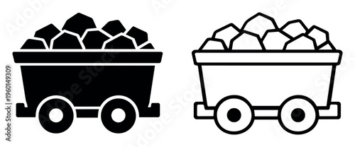 Mining cart filled with coal, presented as a black glyph and outline icon. Representing industry, resources, and extraction