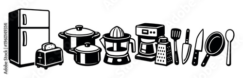 Household kitchen appliances and cooking utensils offering tools for food preparation, cooking, and everyday dining