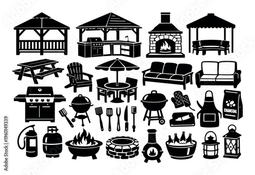 Set of black outline icons depicting outdoor fun, backyard grilling, summer picnic, and patio chilling