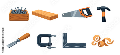 Woodworking tools and materials laid out on dark background