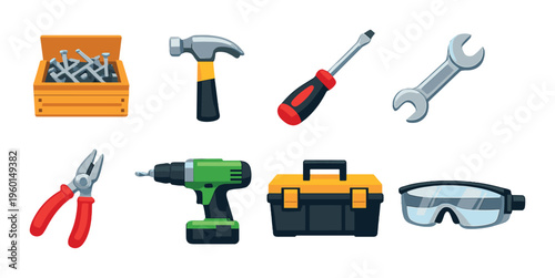 Tool set with hammer screwdriver drill and goggles on grey background