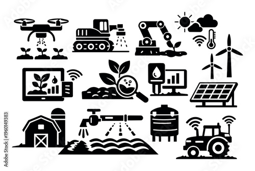 Collection of smart agriculture icons representing modern farm technology, automation, renewable energy, and precision farming systems
