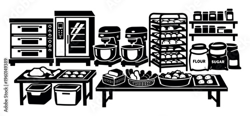 Bakery production elements in collection including ovens, mixers, dough, bread, flour, sugar, and shelves