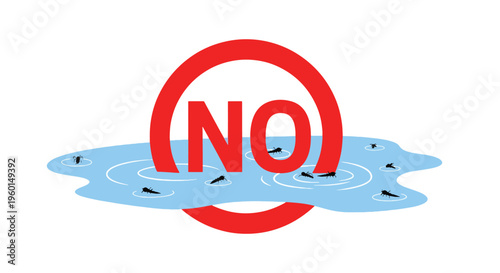 Stop breeding of mosquitoes in standing water with red no sign and insect larvae silhouettes for malaria prevention and public health safety measures.