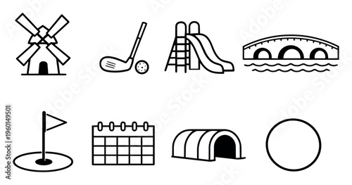 Collection of line art icons representing minigolf attractions, playground equipment, and recreational concepts for leisure time