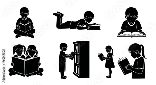 Children reading books, silhouette set, education and leisure concept