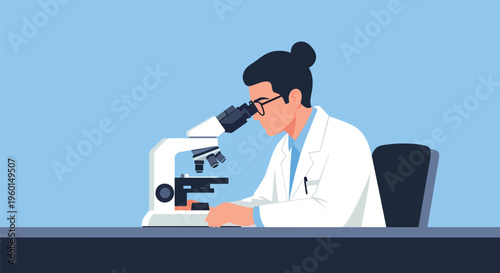 Scientist conducting research with a microscope, person in lab coat examining samples in a laboratory setting with equipment.