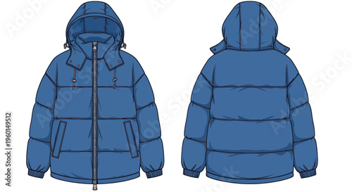 Blue Puffer Jacket, Front and Back View, Winter Fashion, Clothing Mockup