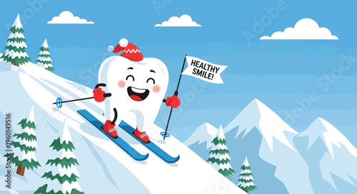 Cartoon Tooth Skiing Down Snowy Mountain with Healthy Smile Flag