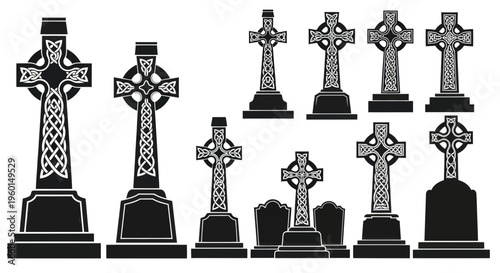 Collection of Celtic Cross Gravestones and Tombstones