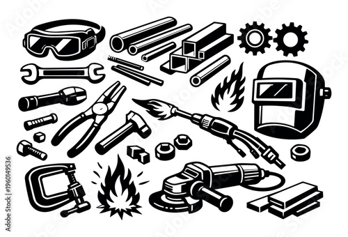Industrial metalworking tools and accessories illustrating craftsmanship, construction, and manufacturing processes with essential equipment