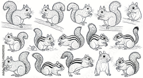 Collection of Hand-Drawn Squirrels and Chipmunks in Various Poses