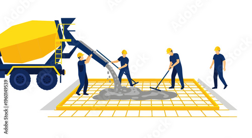 Construction workers pouring concrete from mixer truck for building foundation