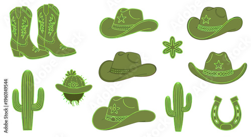 Cowboy Hat and Boots, Cactus, Horseshoe and Star Icons on White Background