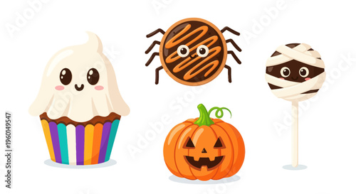 Cute Halloween Treats: Ghost Cupcake, Spider Cookie, Mummy Pop, Pumpkin Jack-o-lantern