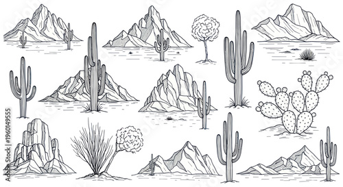 Desert Landscape Collection: Cacti, Mountains, and Arid Scenery Hand Drawn