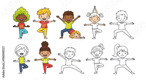 Diverse Kids Doing Yoga Poses, Healthy Lifestyle and Fun Activities