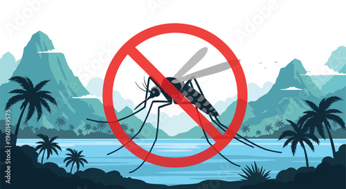 No mosquito sign in tropical landscape, prohibiting mosquito presence in a scenic island environment with palm trees and water.