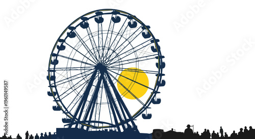 Giant Ferris Wheel Silhouette with Yellow Sun and Crowd Silhouette