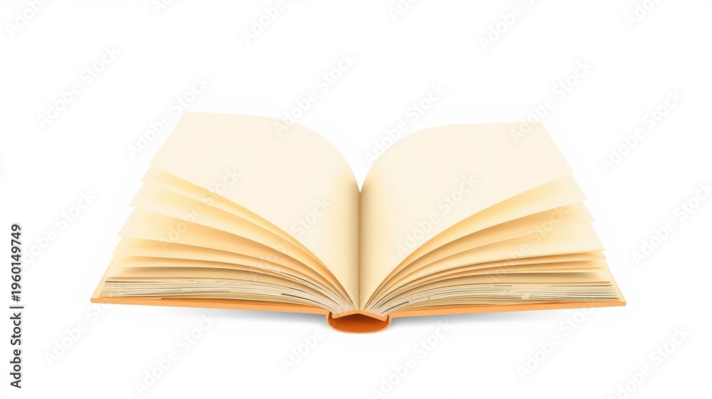 Fototapeta premium Open book with visible pages. Warm tones dominate image, suggesting aged paper or vintage style. Simple composition, clean background.
