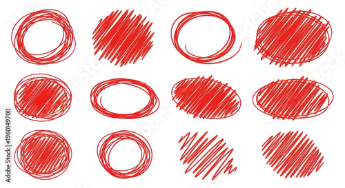 Set of Red Scribble Circles and Ovals on White Background