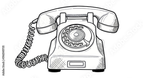 Retro Rotary Dial Telephone Sketch Illustration