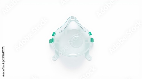 Clear plastic mask with green straps. Medical device for respiratory support, isolated on white background. Simple design.