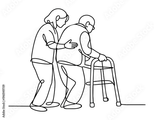 Caregiver helping an elderly man with a walker. Illustrating senior care, physical therapy, and support for aging individuals