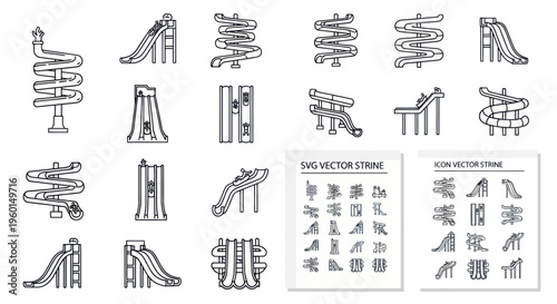 Water Slide Icons Set: Fun Summer Amusement Park Rides, Vector Line Art