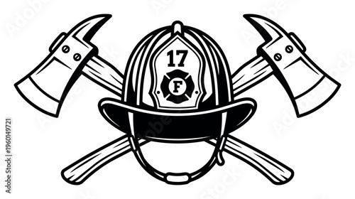 Firefighter helmet with 17 F shield emblem and crossed axes as a traditional symbol for fire departments