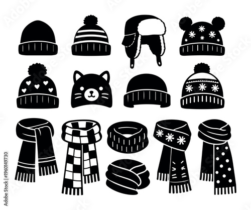 Collection of winter clothing elements, including knitted hats with pom-poms, cat ear beanie, ushanka, and different styles of scarves