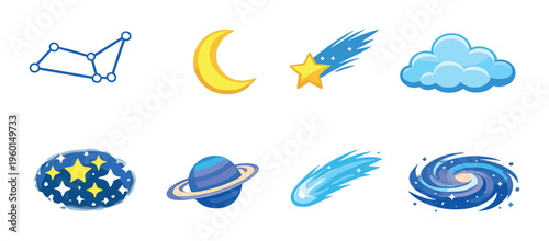 Night sky icons arranged in rows on soft gradient background